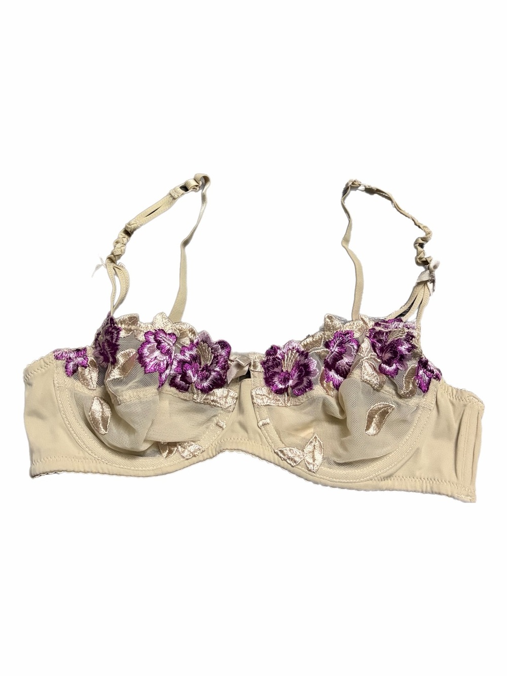80s/90s European Naturana Floral Embroidered Unlined Bra (Cream/Purple) Size 34B